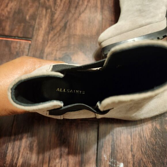 AllSaints Boots Womens 7.5 Grey Suede Sarris Bootie Platform Heel Pull-on - Picture 9 of 9